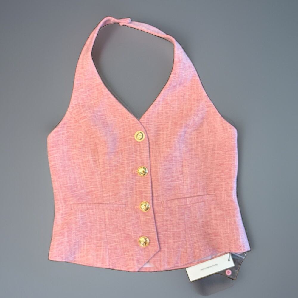 COMMENSE M Pink Tweed Halter Button Front Vest Top